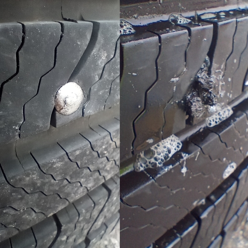 before and after tire service stripped a nail out from tire